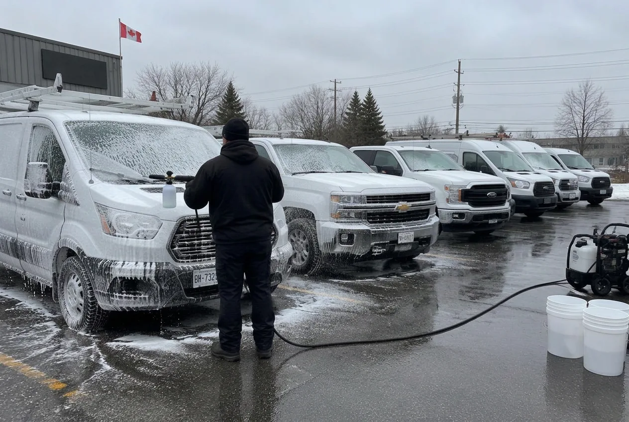 Fleet of work vans being washed